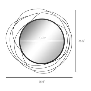 English Elm HOMCOM Round Metal Wall Mirror with Asymmetrical Frame, Thick Glass Reflective Art for Living Room Bedroom Dining Room Black W2225P217275