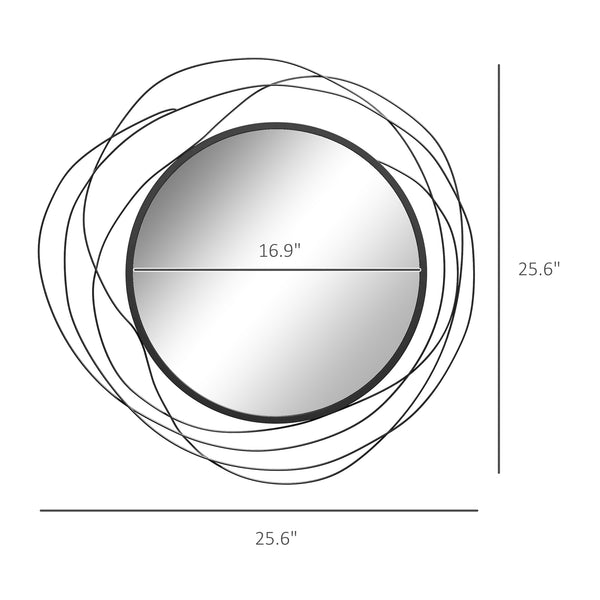 English Elm HOMCOM Round Metal Wall Mirror with Asymmetrical Frame, Thick Glass Reflective Art for Living Room Bedroom Dining Room Black W2225P217275