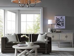 Lexington Artistica Home Elixer Media Console: Stunning Transitional Design With Raffia Panels And Silver Leaf Brass Hardware Misty White Gray Wood 2289-907