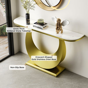 English Elm Premium Faux Marble Half Moon Console Table Gold Base Narrow Entryway Accent W2700S00084