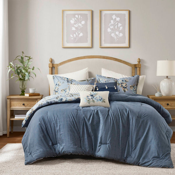 JLA Home Madison Park - 7 Piece Vintage Floral Comforter Set - Reversible Slub Texture, Stripe Reverse, OEKO‑TEX Safe Chic Bed Ensemble MP10-8708
