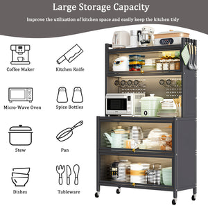 English Elm 64" 5-Tier Kitchen Pantry Cabinet on Wheels with Transparent Flip Doors, DIY Pegboard, Heavy-Duty Metal Storage Rack W3204P300624