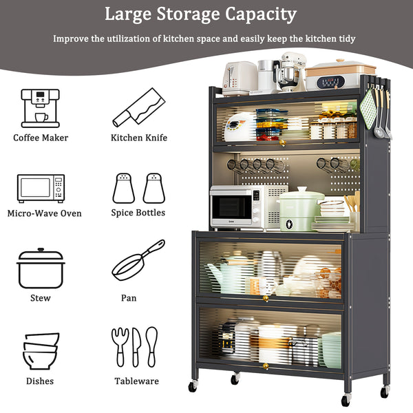 English Elm 64" 5-Tier Kitchen Pantry Cabinet on Wheels with Transparent Flip Doors, DIY Pegboard, Heavy-Duty Metal Storage Rack W3204P300624