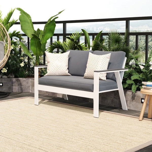 English Elm 52.95" Rust-proof Aluminum Outdoor Loveseat Wood Grain Arms Angled Back Patio B082P454969