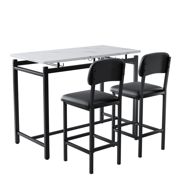 English Elm Kitchen Bar Table Set for 2 with Padded PU Chairs, Rustic Black & Grey 3-Piece High Dining Set, Sturdy Steel Frame, Space-Saving for Apartments W578P150069