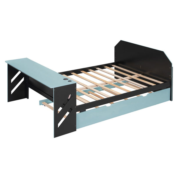 English Elm Full Size Wood Daybed with Twin Trundle Desk and Usb Charging for Teen Rooms Blue LT000262AAC