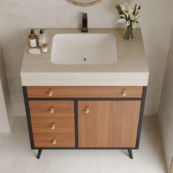 English Elm 29.9" Floating Bathroom Vanity Sintered Stone Top Soft Close Drawers Bronze Gold Hardware W3136S00043
