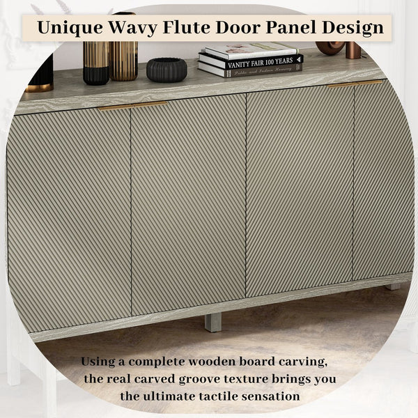 English Elm Sideboard Champagne 59" Modern Wood Buffet Cabinet with 4 Doors, Adjustable Shelves, 220lb Top Capacity W757P203146