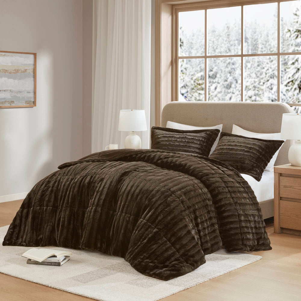 JLA Home Madison Park - Faux Faux Fur Comforter Mini Set with OEKO-TEX Soft Plush Pile, Machine Washable Luxury Warmth Chocolate MP10-3069