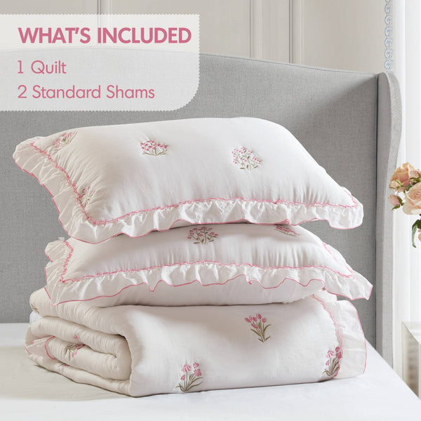 English Elm 3-piece Floral Embroidered Quilt Set Ruffled Trim Romantic Bedding for Full Queen Beds White+Pink B035P463192