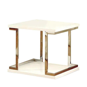 English Elm Contemporary White End Table with Chrome Frame accents, High-Gloss Lacquer Shelf, 23.6" Square, Modern Appeal B011S01029