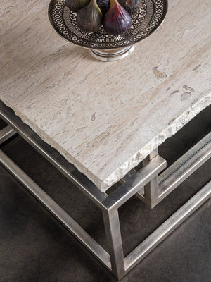 Lexington Artistica Home Theo Contemporary Rectangular Cocktail Table With Unique White Vein Travertine Top & Iron Base Champagne Wood 2286-945