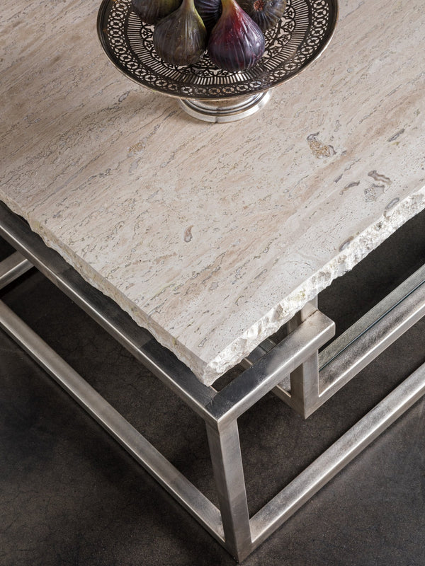 Lexington Artistica Home Theo Contemporary Rectangular Cocktail Table With Unique White Vein Travertine Top & Iron Base Champagne Wood 2286-945