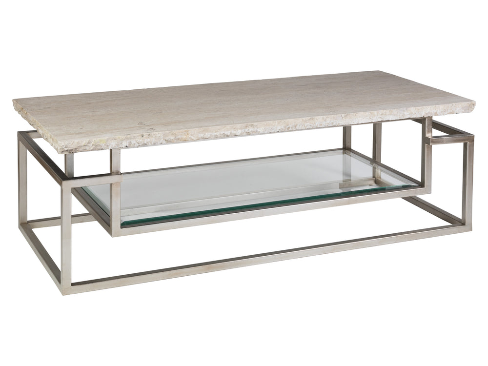 Lexington Artistica Home Theo Contemporary Rectangular Cocktail Table With Unique White Vein Travertine Top & Iron Base Champagne Wood 2286-945