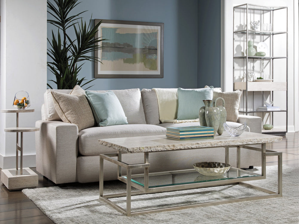 Lexington Artistica Home Theo Contemporary Rectangular Cocktail Table With Unique White Vein Travertine Top & Iron Base Champagne Wood 2286-945