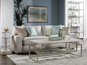 Lexington Artistica Home Theo Contemporary Rectangular Cocktail Table With Unique White Vein Travertine Top & Iron Base Champagne Wood 2286-945