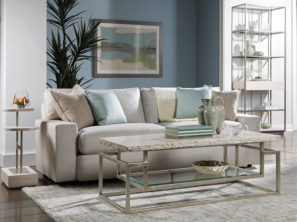 Lexington Artistica Home Theo Contemporary Rectangular Cocktail Table With Unique White Vein Travertine Top & Iron Base Champagne Wood 2286-945