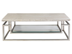 Lexington Artistica Home Theo Contemporary Rectangular Cocktail Table With Unique White Vein Travertine Top & Iron Base Champagne Wood 2286-945