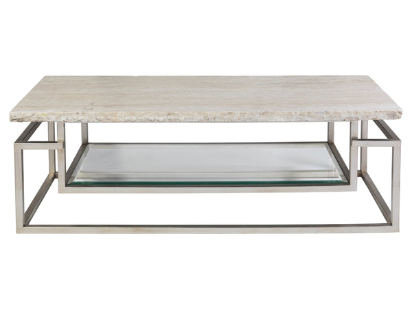 Lexington Artistica Home Theo Contemporary Rectangular Cocktail Table With Unique White Vein Travertine Top & Iron Base Champagne Wood 2286-945