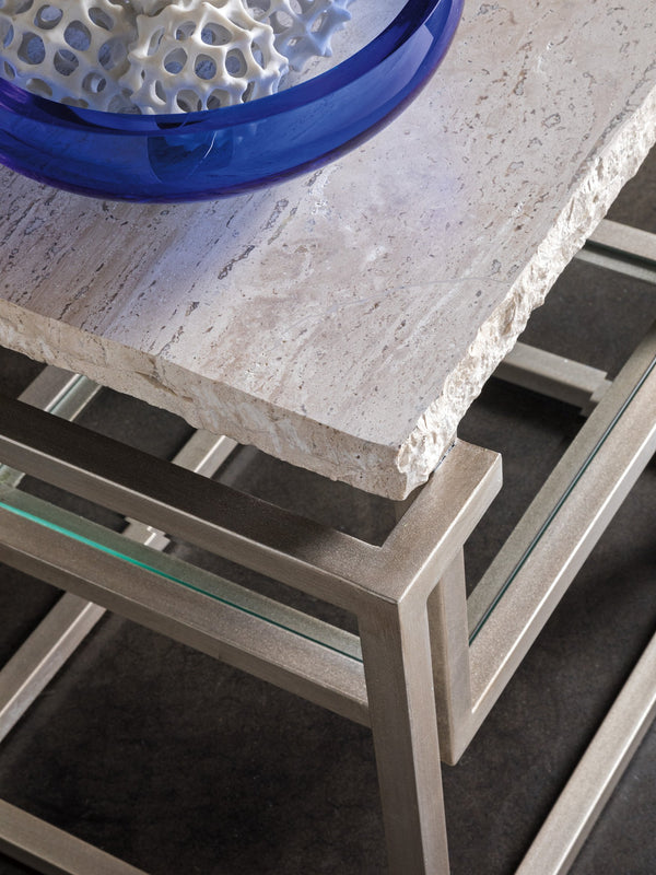 Lexington Artistica Home Theo Rectangular End Table – Contemporary Design With Unique White Travertine Top And Iron Base Champagne Wood 2286-955