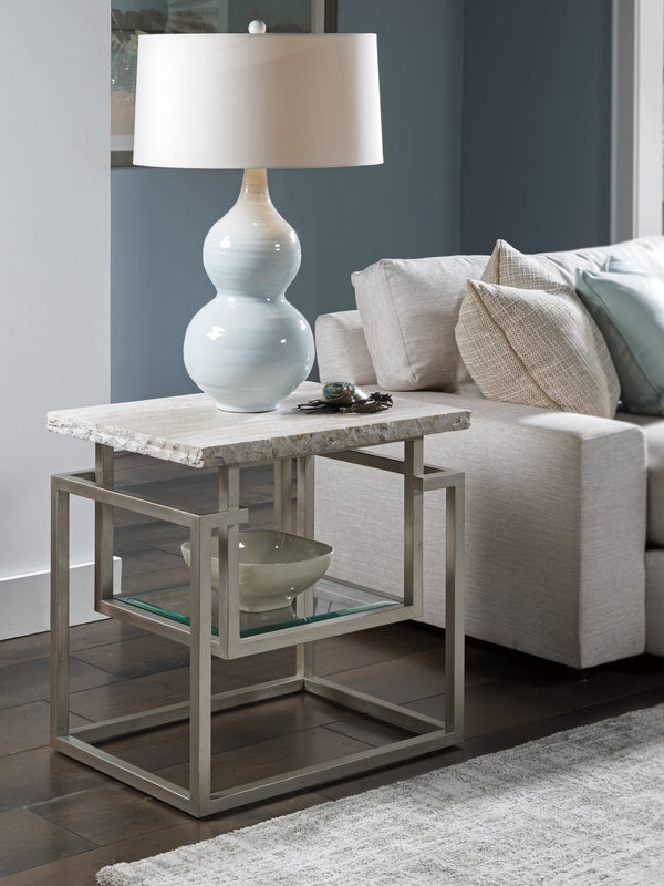 Lexington Artistica Home Theo Rectangular End Table – Contemporary Design With Unique White Travertine Top And Iron Base Champagne Wood 2286-955