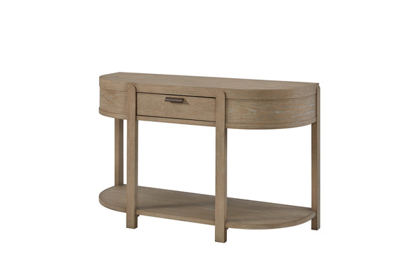 English Elm Curved 1-Drawer Console Table in Toffee Taupe Natural Finish — Elegant Curved Silhouette, Soft‑Close Drawer, Open Shelf B2699P323082