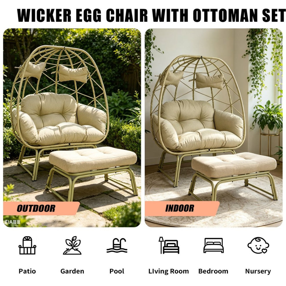 English Elm Double Wicker Egg Chair with Ottoman Bohemian Rattan Outdoor Lounge for Patio T5880P501480