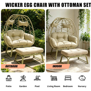 English Elm Double Wicker Egg Chair with Ottoman Bohemian Rattan Outdoor Lounge for Patio T5880P501480
