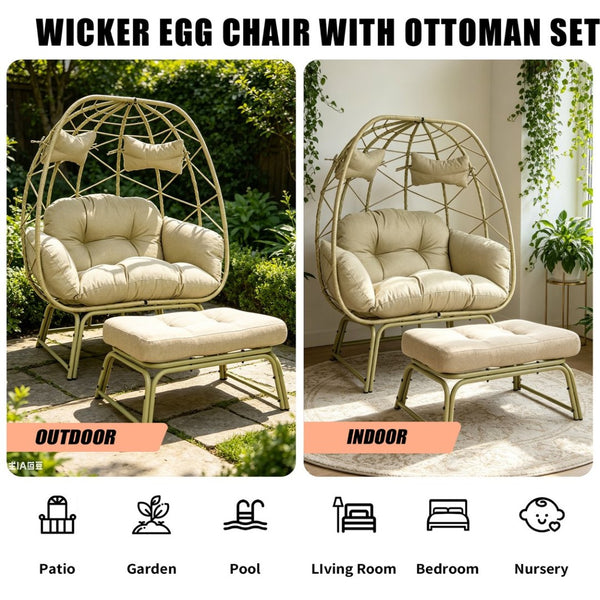 English Elm Double Wicker Egg Chair with Ottoman Bohemian Rattan Outdoor Lounge for Patio T5880P501480