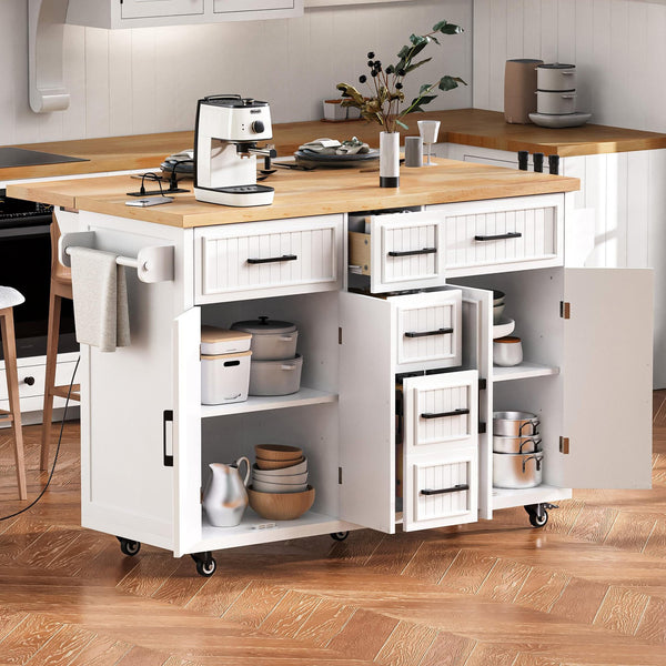English Elm K&K 56.5" Kitchen Island with Drop Leaf, Embossed Vertical Stripe Barn Doors, Wheels & Charging Hub White N707P263094W