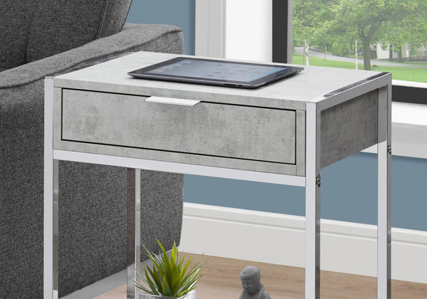 English Elm Accent Table With Storage Drawer - Modern Grey Laminate & Chrome Metal, Versatile For Living Spaces B2710P219305