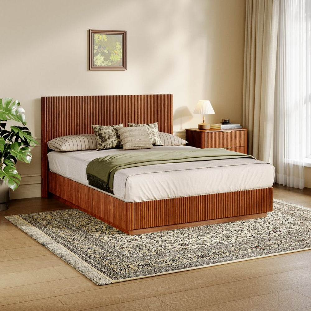 English Elm Queen Bed Frame with Led Lighting Curved Groove Panels and Floating Base Modern Bedroom Walnut W1820S00049