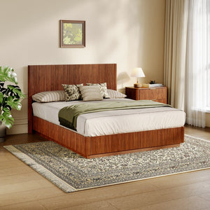 English Elm Queen Bed Frame with Led Lighting Curved Groove Panels and Floating Base Modern Bedroom Walnut W1820S00049