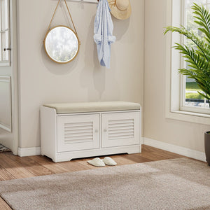 English Elm 28.74"Shoe Storage Bench with Cushion, 2-Door Louver Cabinet, Adjustable Shelves, Breathable Seat W2948P244736