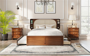 English Elm Queen Size Rattan Headboard Bed With Trundle, Drawers & Elegant Walnut Finish For Versatile Style N820S00013D-GIGA