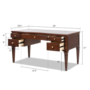 English Elm Jennifer Taylor Home - Dauphin Elegant Gold-Trim 5-Drawer Executive Desk in Ash Wood Veneer with Soft-Close Storage Appeal Dark Walnut B2719P408077