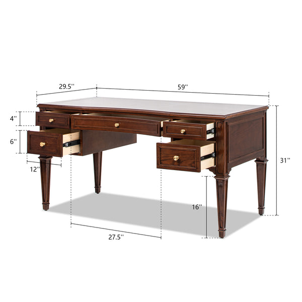 English Elm Jennifer Taylor Home - Dauphin Elegant Gold-Trim 5-Drawer Executive Desk in Ash Wood Veneer with Soft-Close Storage Appeal Dark Walnut B2719P408077