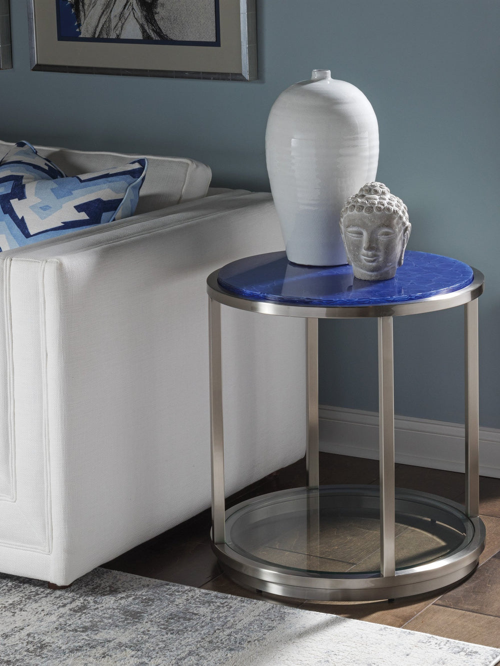 Lexington Artistica Home Ultramarine Contemporary Round End Table With Unique Glass Top And Stylish Brushed Steel Base Stainless Steel Wood 2288-953