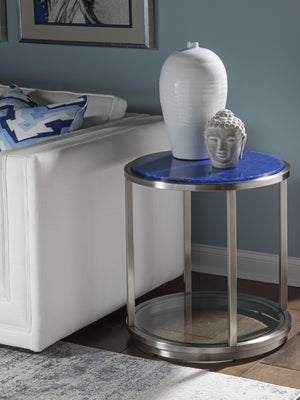 Lexington Artistica Home Ultramarine Contemporary Round End Table With Unique Glass Top And Stylish Brushed Steel Base Stainless Steel Wood 2288-953