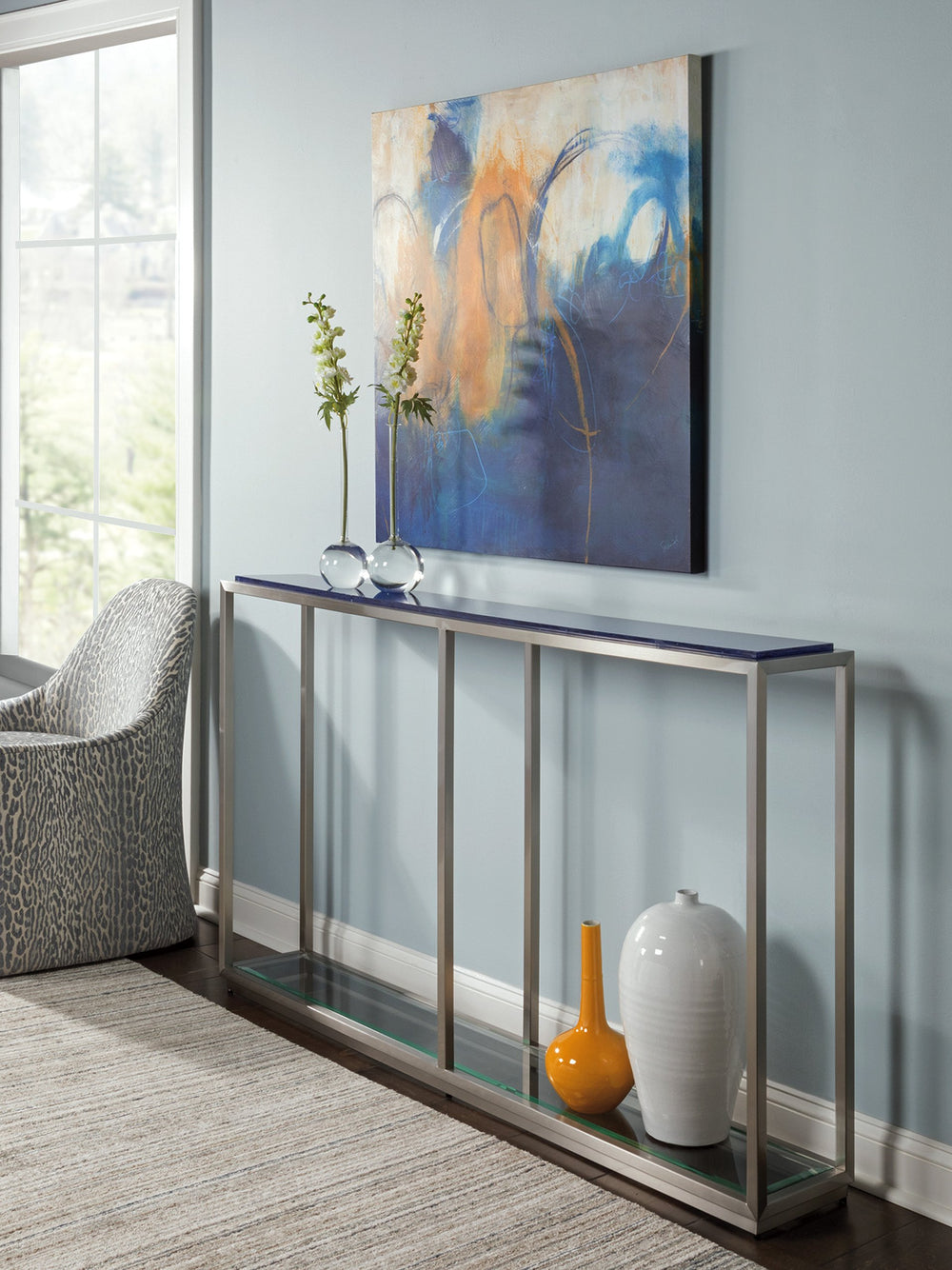 Lexington Artistica Home Ultramarine Console Table - Unique Glass Top With Stunning Blue Shades And Stainless Steel Elegance Stainless Steel Wood 2288-966