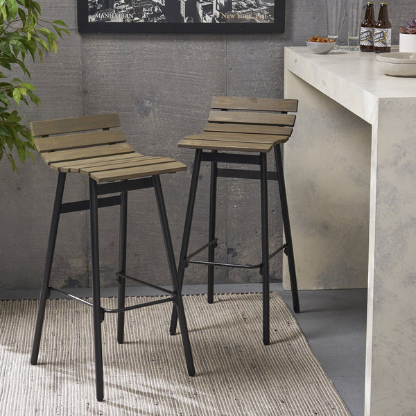 English Elm Christopher Knight Home® - NORDIC Camron 35" Wooden Barstool Set of 2 – Gray Acacia Seat with Black Iron Legs, Industrial Elegance 65564.00GRY