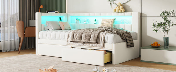 English Elm Upholstered Twin Platform Bed with USB Ports, LED Light Belt, Linen Backrest & 2 Storage Drawers White DL001926AAK