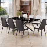 9-Piece Dining Set: Black Marble-Look Table & 8 Leatherette Black-Leg Chairs