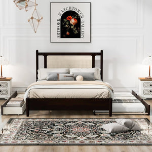 English Elm Queen Size Wooden Rattan Platform Bed With Spacious Storage Drawers & Twin Trundle In Espresso Finish N820S00002P-GIGA