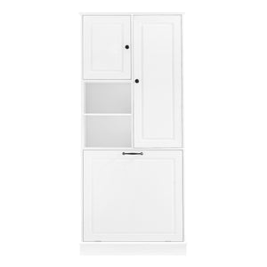 English Elm Tall Storage Cabinet with Flip-Out Basket, Adjustable Shelves & Aluminum Handles for Organized Living White N725P322739K