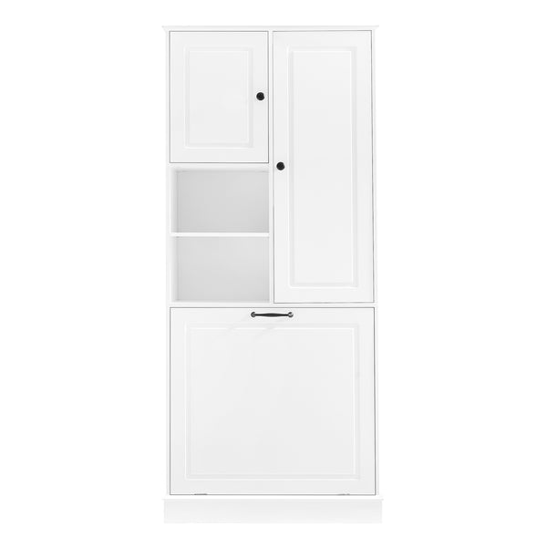 English Elm Tall Storage Cabinet with Flip-Out Basket, Adjustable Shelves & Aluminum Handles for Organized Living White N725P322739K