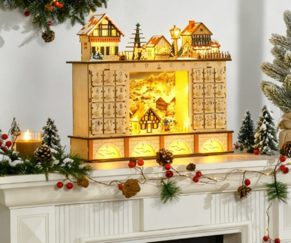 English Elm Light up Wooden Advent Calendar Village with 24 Drawers and Led Glow for Holiday Decor T3971P414396