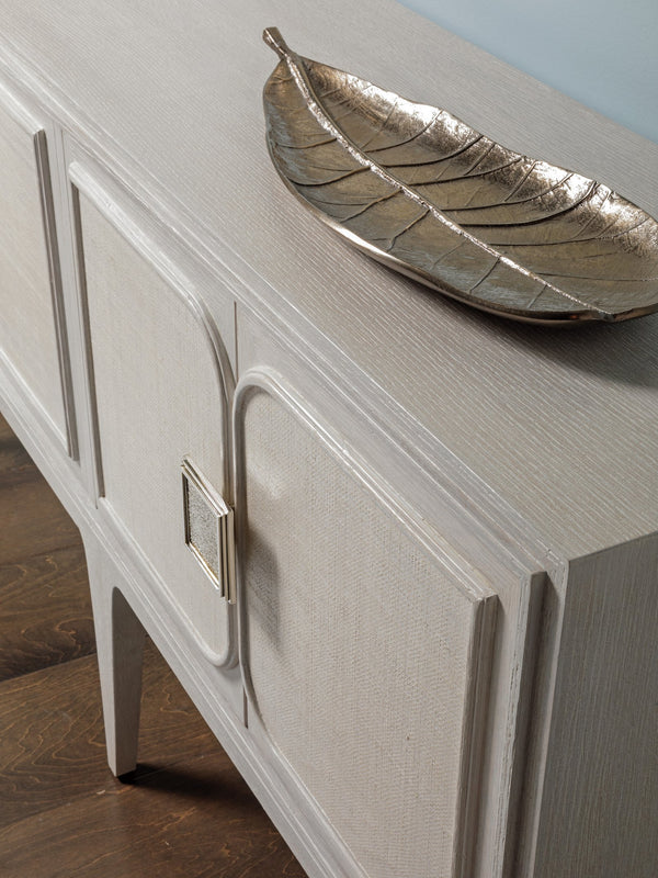 Lexington Artistica Home Elixer Media Console: Stunning Transitional Design With Raffia Panels And Silver Leaf Brass Hardware Misty White Gray Wood 2289-907