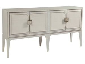 Lexington Artistica Home Elixer Media Console: Stunning Transitional Design With Raffia Panels And Silver Leaf Brass Hardware Misty White Gray Wood 2289-907