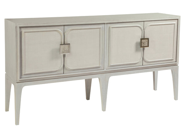 Lexington Artistica Home Elixer Media Console: Stunning Transitional Design With Raffia Panels And Silver Leaf Brass Hardware Misty White Gray Wood 2289-907